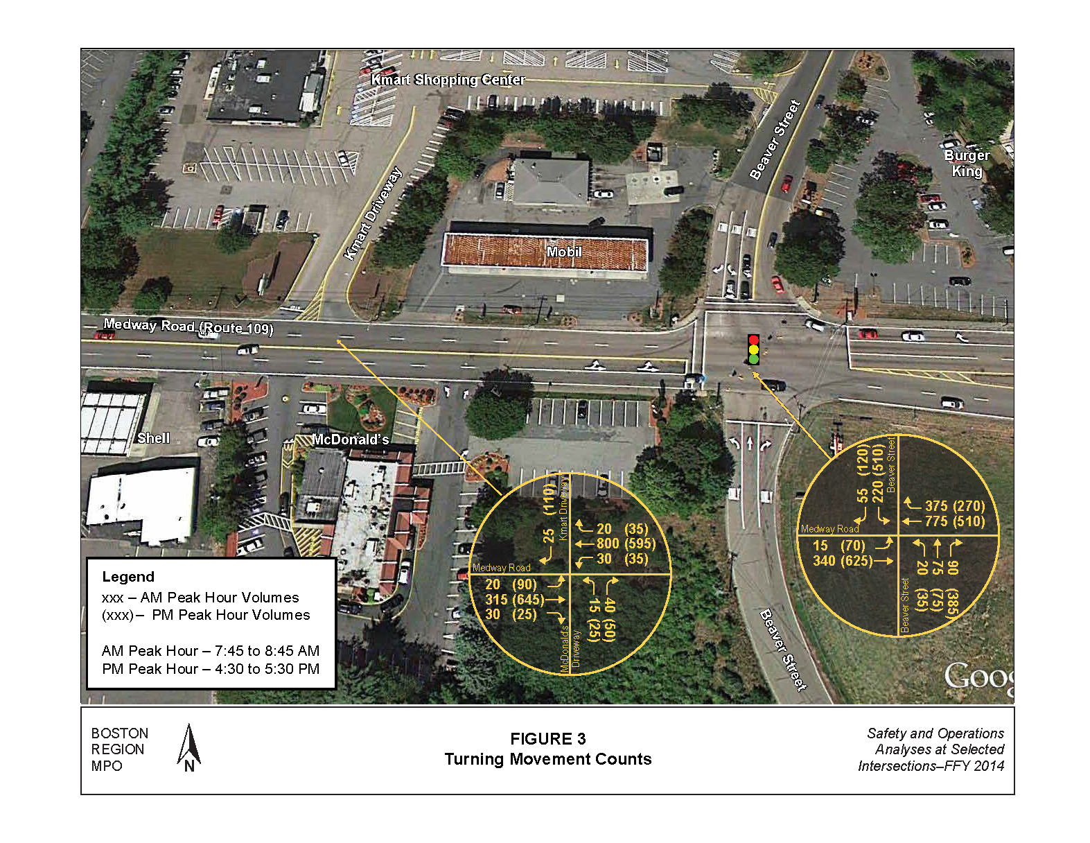 FIGURE 3. Aerial-view map that indicates existing peak-hour turning movement volumes for the intersections in the study area.